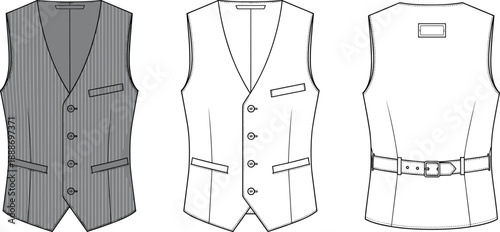 Technical fashion illustration of men’s waistcoat with pinstripes, welt pockets, and adjustable back belt in front and back views.
