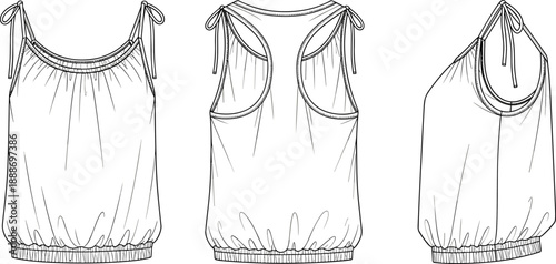 Technical fashion illustration of sleeveless gathered top with tie straps and racerback design in front, back, and side views.