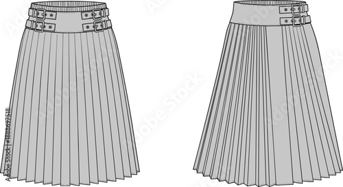 Technical fashion sketch of pleated skirts with high waistband, double buckle straps, and structured front and side views