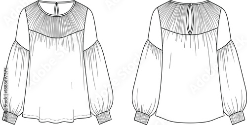 Technical fashion sketch of women’s blouse with yoke detail, gathered sleeves, ribbed cuffs, and keyhole back neckline