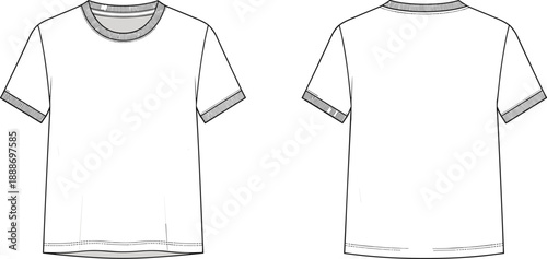 Technical flat sketch of basic short-sleeve crew neck t-shirt with ribbed cuffs and hem in front and back views.
