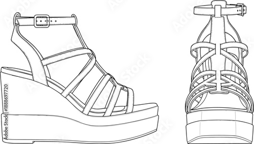Technical illustration of wedge sandal with crisscross straps and ankle buckle in side and front views.