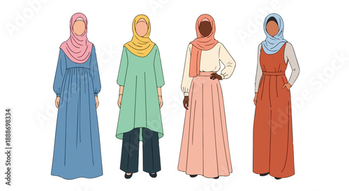 Diverse Muslim Women Wearing Modest Fashion and Colorful Hijabs