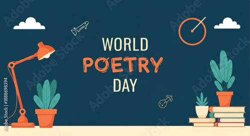 World poetry day celebration with book stack plants and lamp on desk symbolizing literature and learning