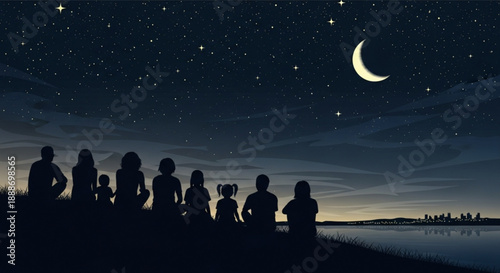 Silhouetted group of people stargazing on a serene night by a lake with a crescent moon