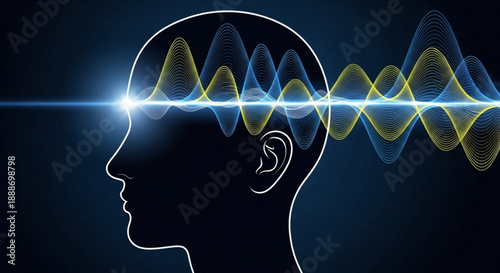 Human head with glowing brain waves and light beam on dark background symbolizing thoughts and ideas