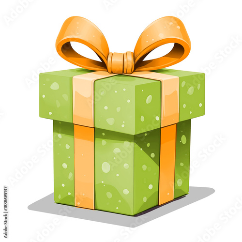 Illustration of a ecology friendly green gift box with a yellow ribbon and bow, isolated on a transparent background, ideal for holidays, birthdays, themed gifts and celebration designs.