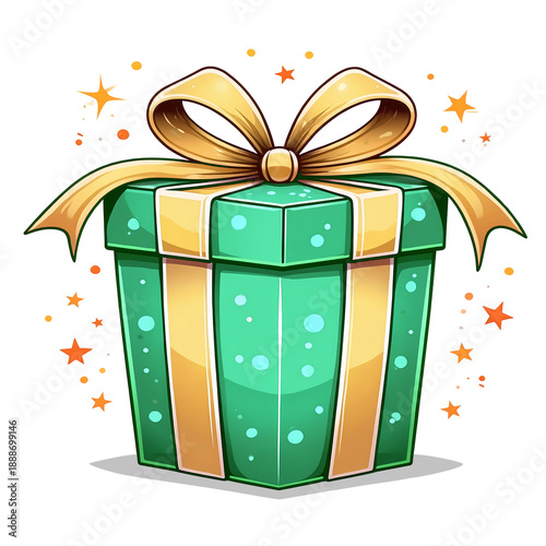 Illustration of a green gift box with a golden yellow ribbon and starry confetti, isolated on a transparent background, ideal for holidays, birthdays, themed gifts and celebration designs.