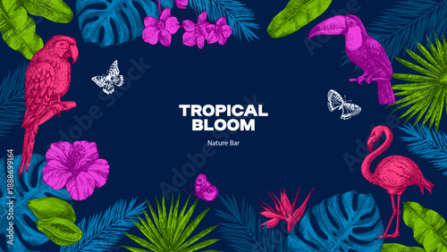Vintage tropical exotic frame. Parrot, tropical leaves, hibiscus, butterflies. Coffee, restaurant, food packaging, event decor concept. Hand drawn sketch vector illustration.