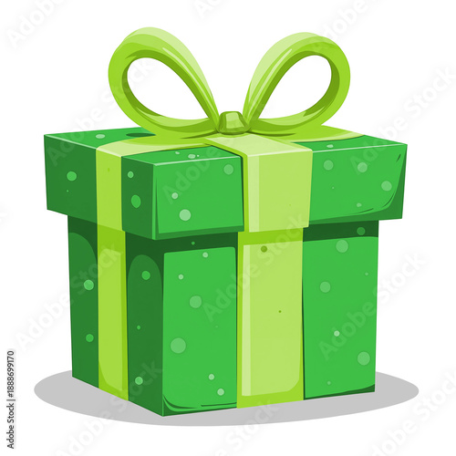 Illustration of a ecology friendly green gift box with a lime green ribbon and bow, isolated on a transparent background, ideal for holidays, birthdays, themed gifts and celebration designs.