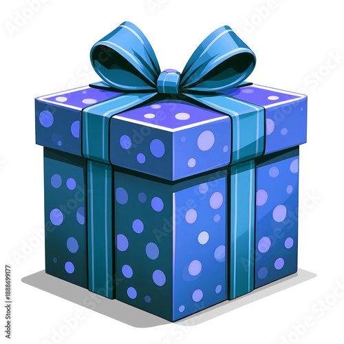 Illustration of a blue dotted gift box with a blue ribbon and bow, isolated on a transparent background, ideal for holidays, birthdays, themed gifts and celebration designs.