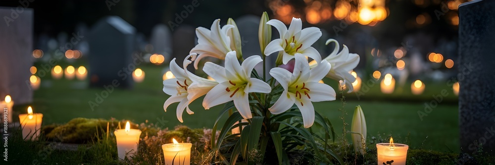 Obraz premium A serene nighttime scene with white lilies and candles