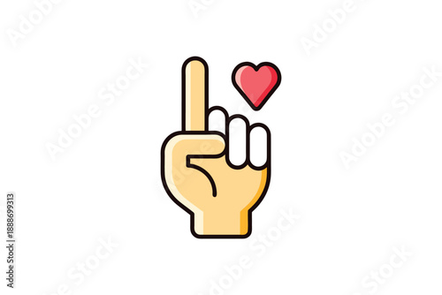 Hand showing one finger up with heart icon, symbol for first place or love, isolated on white background