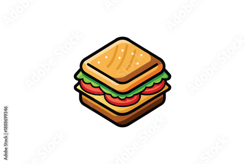 Classic isometric sandwich illustration featuring grilled bread and fresh ingredients against a white background