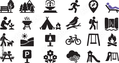 A simple set of black vector icons showing symbols from different countries and holidays for travel and seasonal use