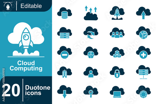 Cloud Computing Icons Set Technology, Data Storage, Internet Services, Digital Network, and Online Solutions Graphics