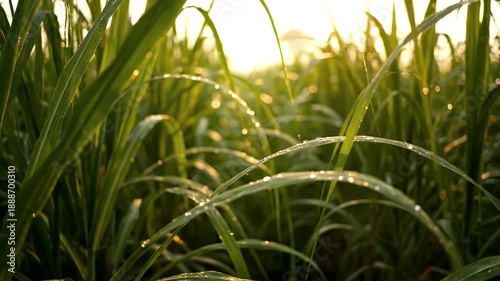 Close up of Dew Drops on Green Sugar Cane Leaves at Sunrise with Golden Light