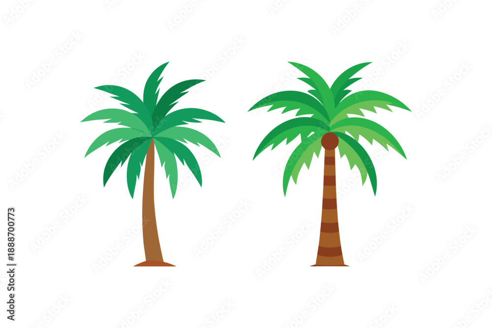 Obraz premium Two cartoonish palm trees with green fronds and brown trunks against a clean white backdrop