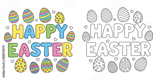 Happy Easter lettering with decorative eggs vector illustration, colorful cartoon design and black and white outline for coloring book page.