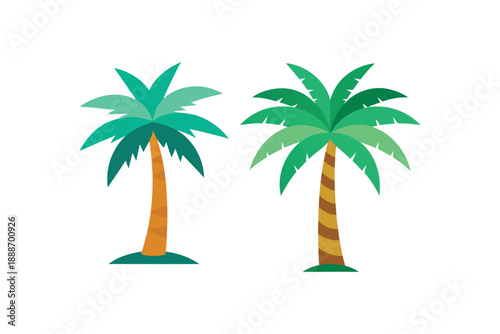 Duo of cartoon palm trees with varying green frond shades and brown trunks on white background