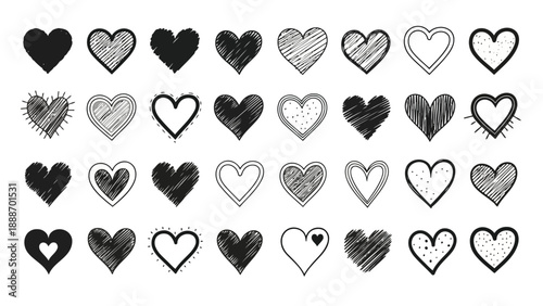 A collection of various hand drawn black and white heart shapes arranged in neat rows