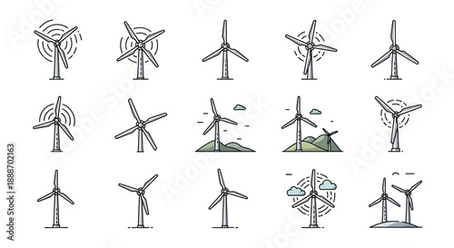 Sustainable Wind Turbines Icon Set for Renewable Energy and Clean Electricity Generation on Isolated White Background
