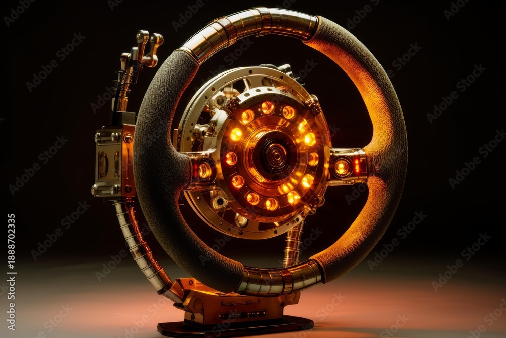 Fototapeta premium Intricate illuminated steering wheel sculpture glowing against a dark background, showcasing craftsmanship and automotive art
