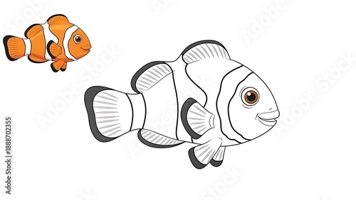 Obraz na płótnie Cartoon Clownfish Outline with Colored Example