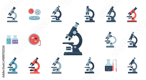 Science Laboratory Equipment and Microscope Icons Set on Isolated White Background