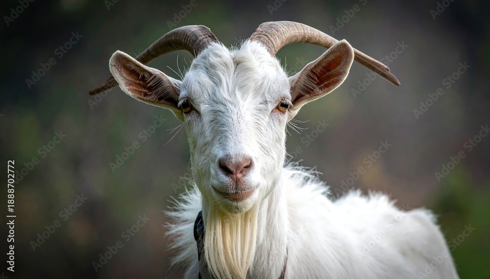 Fototapeta premium A close-up portrait of a white goat with curved horns