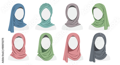 Set of eight diverse hijab styles in various colors on faceless female busts