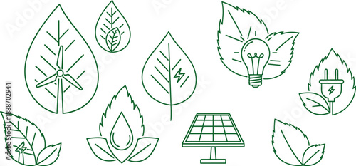 Green energy icons set, eco-friendly symbols, renewable power, leaf-based design, sustainability concept, solar, wind, bioenergy, clean electricity, environment