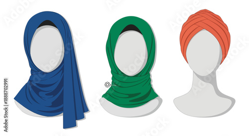 Vector Set of Blue Hijab, Green Khimar, and Orange Turban Headscarves