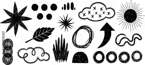 Hand drawn sketch icon set, abstract and nature shapes, black graphic elements, sun, cloud, leaf, arrow, starburst