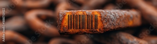 Drip Grunge Identity concept. Rusty metal bar with a barcode, surrounded by chains.