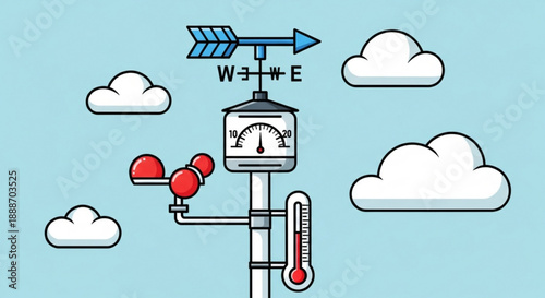 Weather station with anemometer and thermometer on pole blue sky with clouds indicating climate and forecast