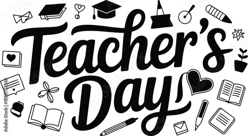 Teachers day greeting card design, school supplies elements, classroom items