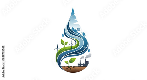 Eco friendly water droplet symbol with green leaves wind turbines and industrial elements on white background