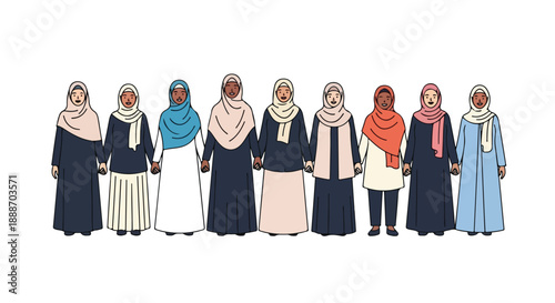 Diverse Group of Muslim Women Wearing Hijabs and Abayas