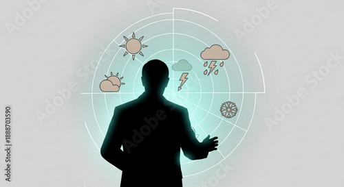 Silhouette of a man presenting weather forecast on a futuristic radar screen with various weather icons
