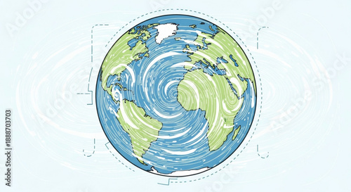 Earth globe with swirling white clouds and blue oceans on green continents illustrating global weather patterns and climate change