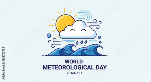 World meteorological day illustration with sun cloud rain and waves on light blue background