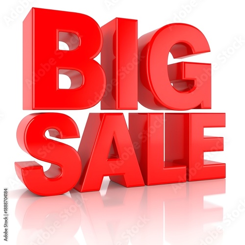 3D Big Sale Red Text Isolated on White Background with Reflection