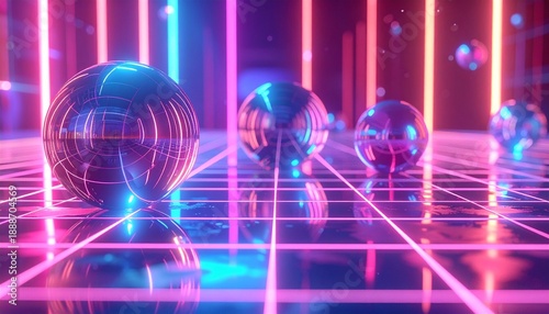 Futuristic Neon Grid with Reflective Spheres - A Cyberpunk Aesthetic.