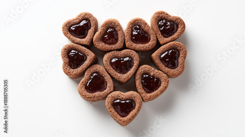 A premium top-down view of twelve heart-shaped chocolate cookies filled with dark red jam, arranged in a large heart formation on a white background for Valentine's Day.