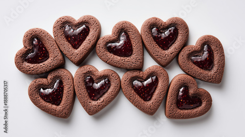 A premium top-down view of twelve heart-shaped chocolate cookies filled with dark red jam, arranged in a large heart formation on a white background for Valentine's Day.