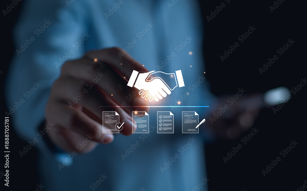 Naklejka premium Businessman manage digital procurement process with business approval, invoice, contract documents, representing B2B sourcing, partnership, supply chain, e-procurement.