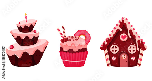 Candy set vector illustration. Cartoon isolated gingerbread, chocolate cake and cupcake 