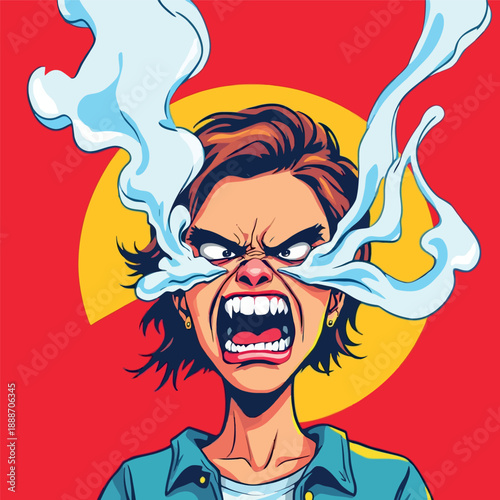 Vsai furious young woman screaming with smoke coming from eyes