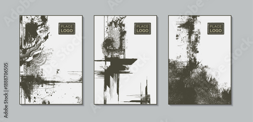 Abstract vector grunge cover set in steel gray with distressed texture background.